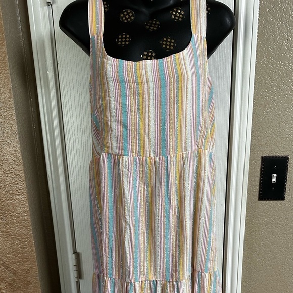 Metallic Sun Dress PINK Aqua Multicolored Tiered Lined Flowy Crepe Prairie Dress - Picture 4 of 14